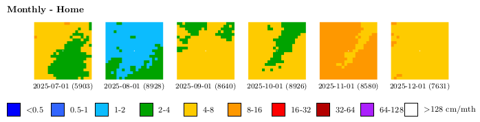 Monthly Summary of the rainfall radar data at my home in a 14x14 km box.